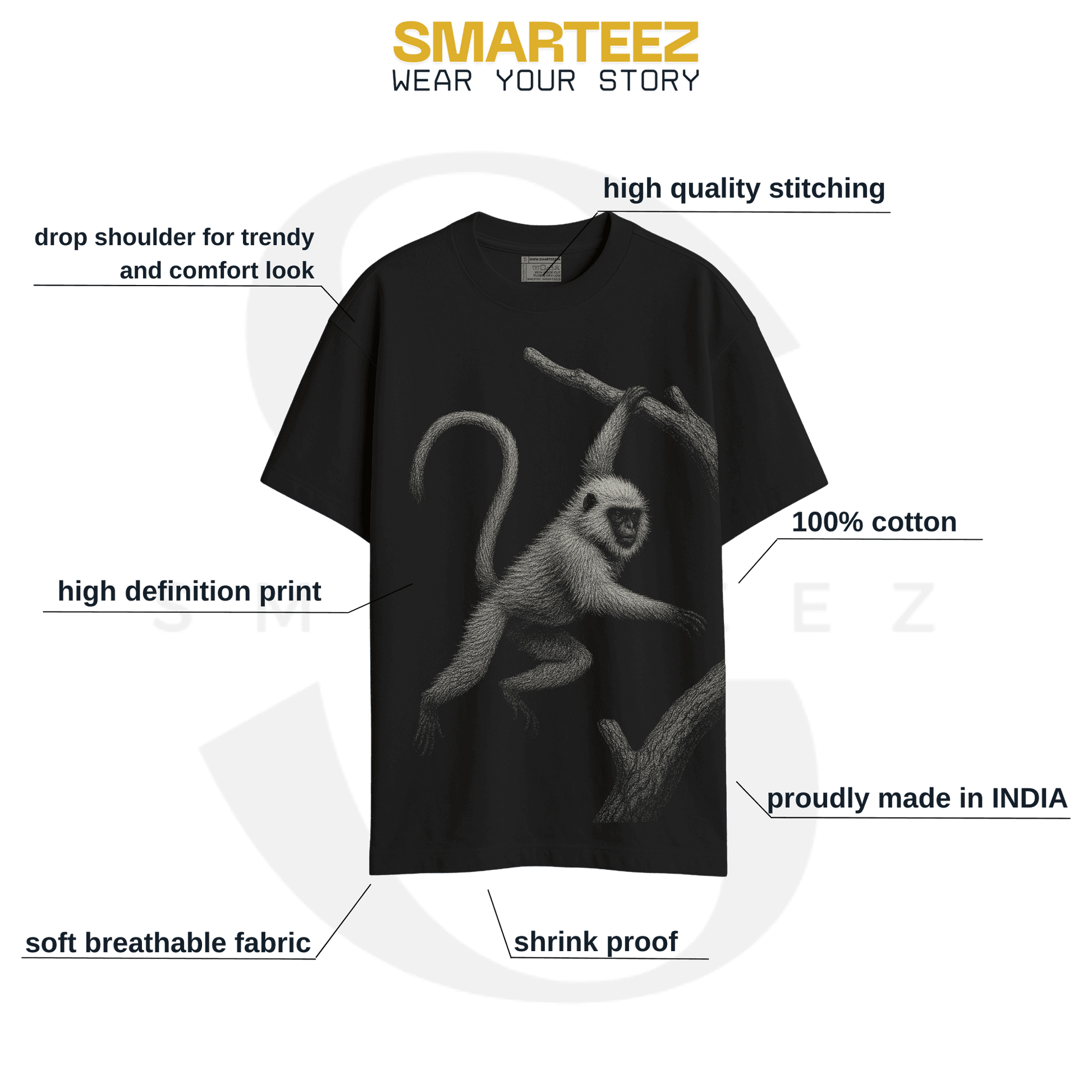 Hanuman Langur T-Shirt - Animal T-Shirt | Wildlife design, Unisex shown with product features like 100% cotton, high-def print, and breathable fabric.