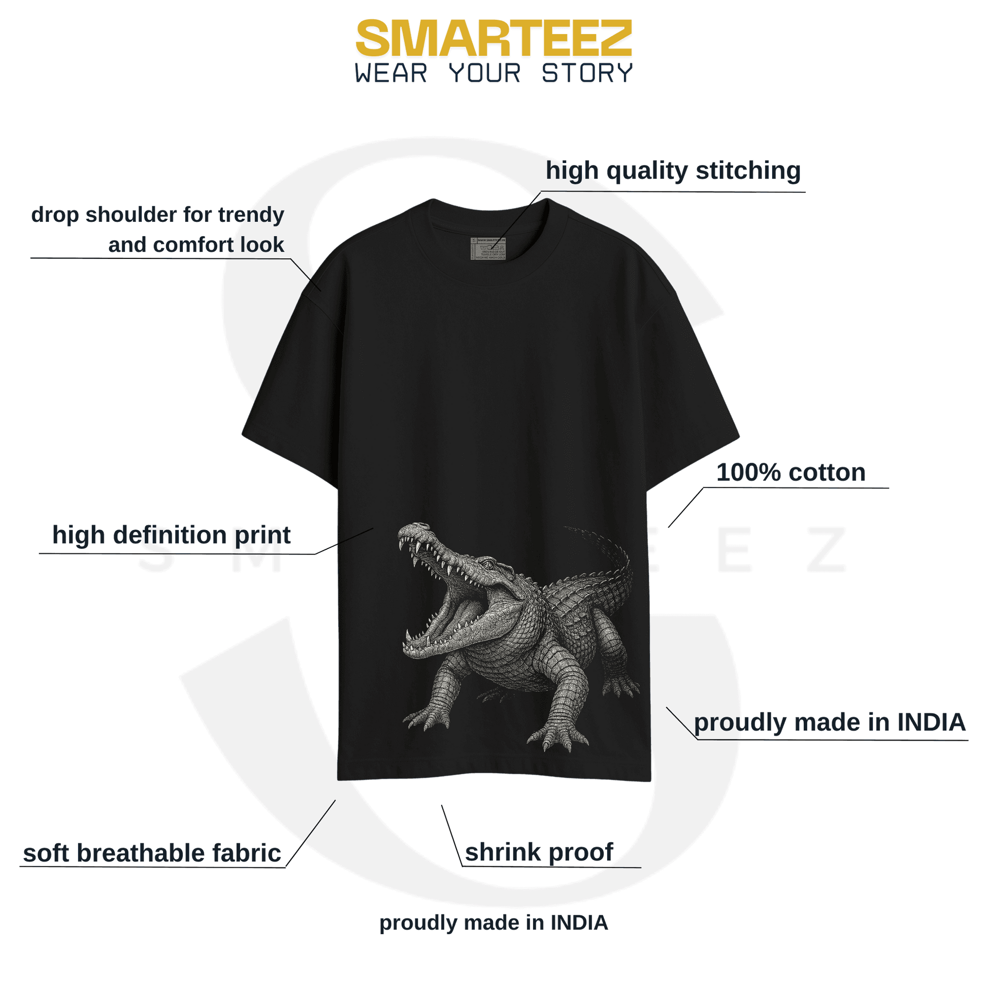 Sundarbans Crocodile Graphic T-Shirt by SMARTEEZ with product highlights including breathable cotton, high-definition print, and oversized comfort fit.