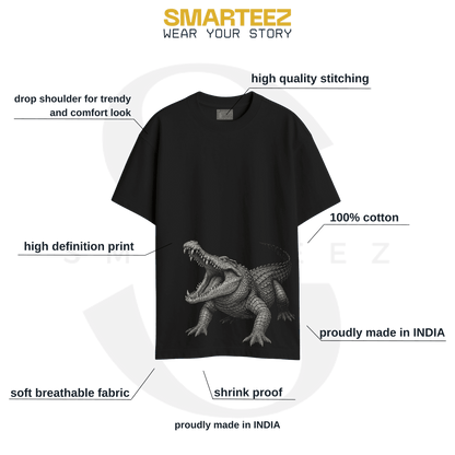 Sundarbans Crocodile Graphic T-Shirt by SMARTEEZ with product highlights including breathable cotton, high-definition print, and oversized comfort fit.