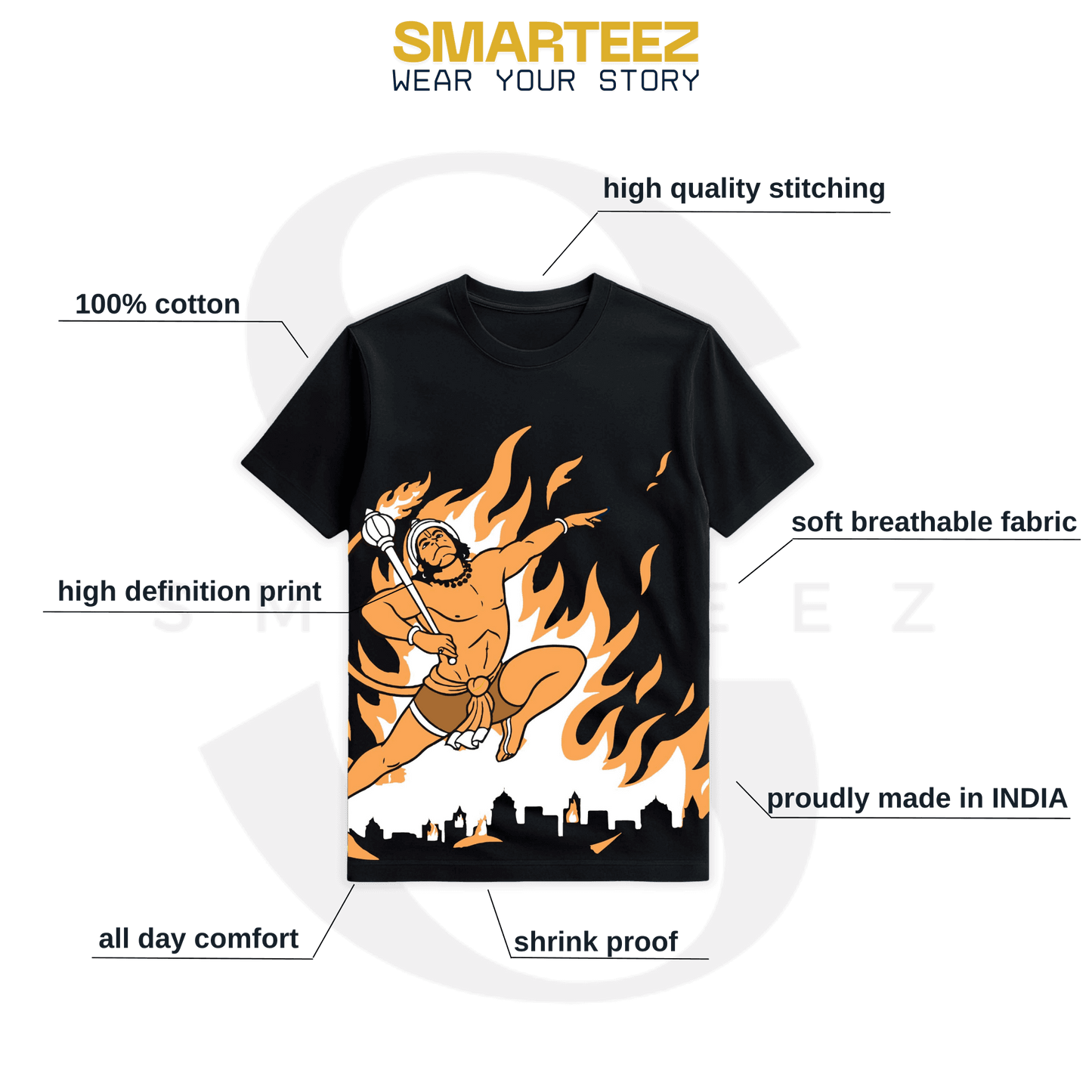 Hanuman Fire Warrior T-Shirt | Bajrangbali Mythological Power Art | Unisex Black Tee