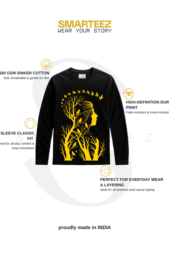 Nature Within T-Shirt - Unisex Graphic in black with yellow silhouette of woman and birds, 100% cotton full sleeves for comfort and style.