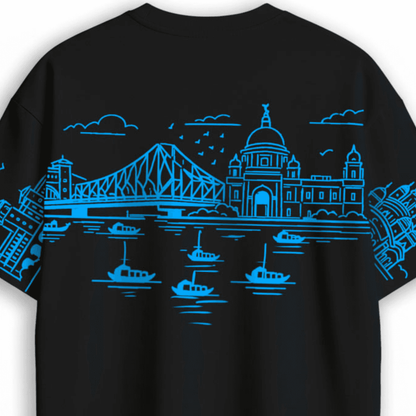 Kolkata Skyline Oversized T-Shirt with Howrah Bridge & Victoria Memorial Design