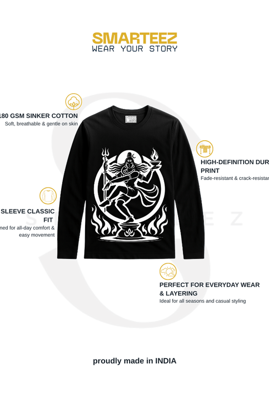 Nataraja T-Shirt - Cosmic Dance design in white on black full sleeves cotton tee. Features Lord Shiva artwork, ideal for men and women in casual wear.
