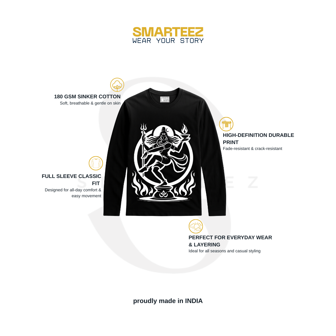 Nataraja T-Shirt - Cosmic Dance design in white on black full sleeves cotton tee. Features Lord Shiva artwork, ideal for men and women in casual wear.