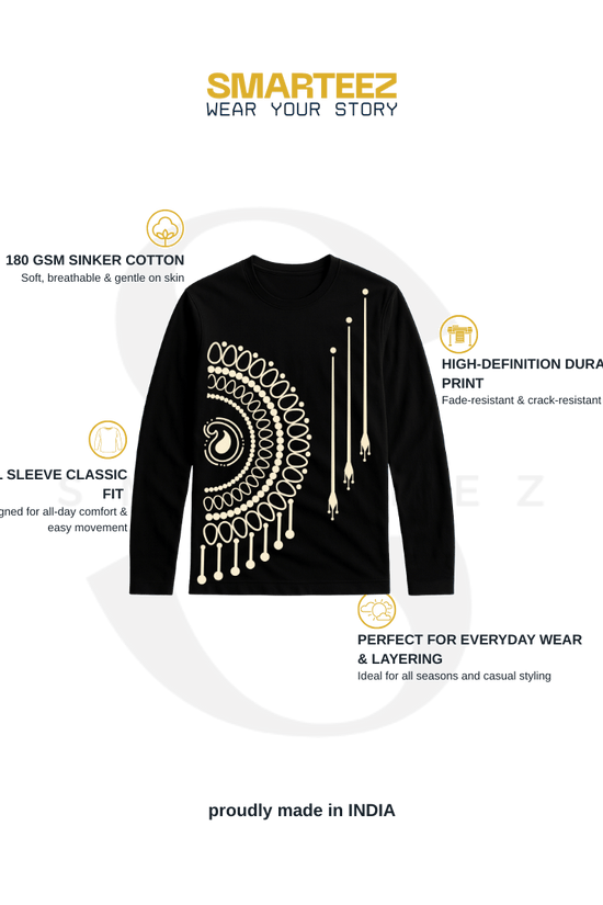 Mandala T-Shirt - Bengali Art Unisex in black with intricate maroon Alpona design. Premium cotton full sleeves ideal for daily wear and layering.