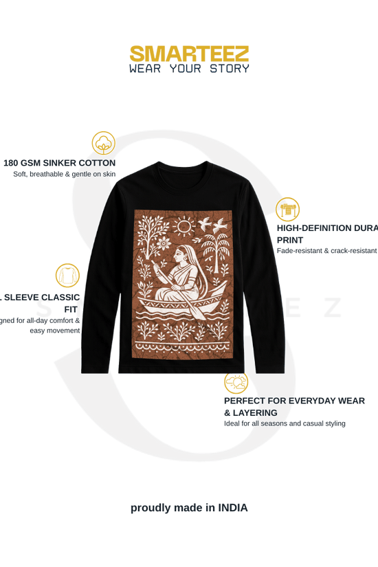 Bengali Boatwoman Shirt - Full Sleeves Tshirt in cotton with batik folk art print, featuring a traditional boatwoman design in earthy tones.
