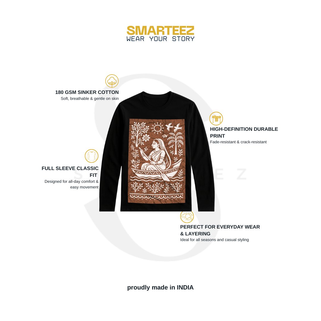 Bengali Boatwoman Shirt - Full Sleeves Tshirt in cotton with batik folk art print, featuring a traditional boatwoman design in earthy tones.