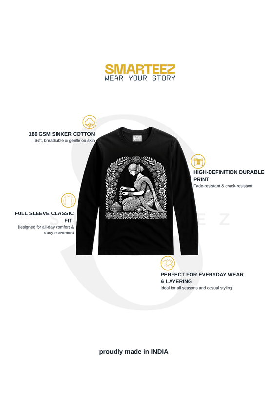 Malini Alpona Art T-shirt - Folk Art Graphic in black with intricate Bengali Alpona design, unisex cotton full sleeves for everyday wear.