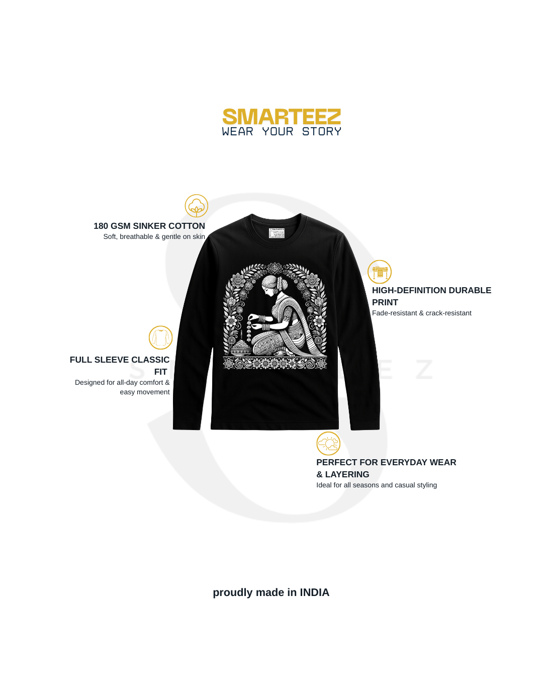 Malini Alpona Art T-shirt - Folk Art Graphic in black with intricate Bengali Alpona design, unisex cotton full sleeves for everyday wear.