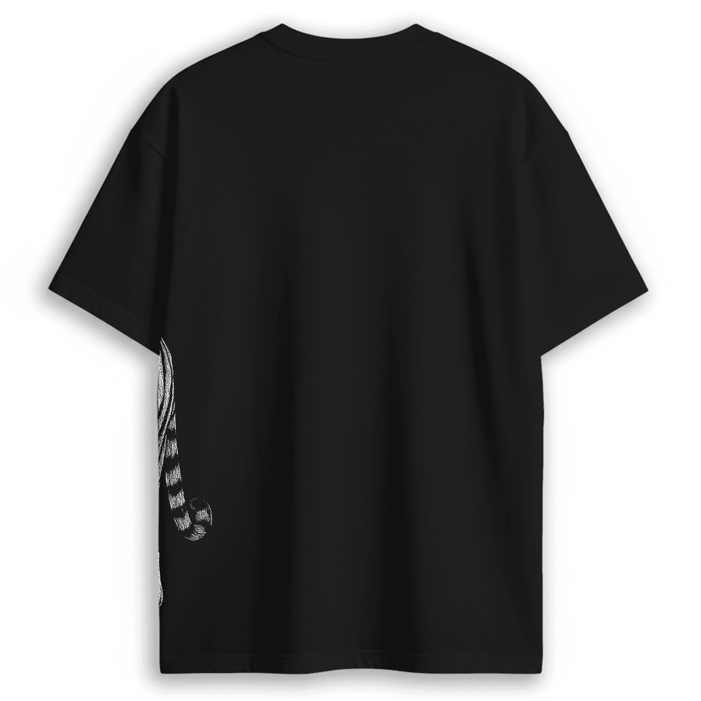 Back view of the Royal Bengal Tiger oversized unisex T-shirt showing partial tiger tail design wrapping from front to back.