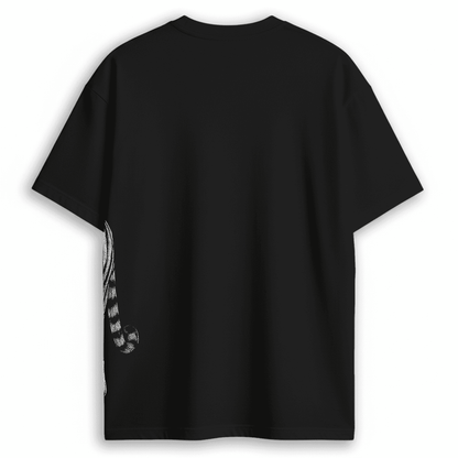 Back view of the Royal Bengal Tiger oversized unisex T-shirt showing partial tiger tail design wrapping from front to back.