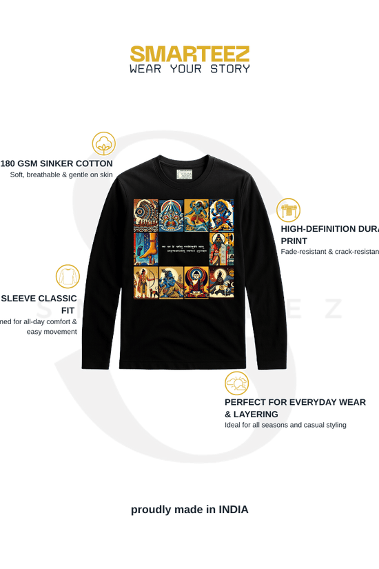 Patachitra T-Shirt - Dashavatar features vibrant artwork of Vishnu's 10 avatars on a black full sleeves cotton tee, ideal for spiritual fashion lovers.