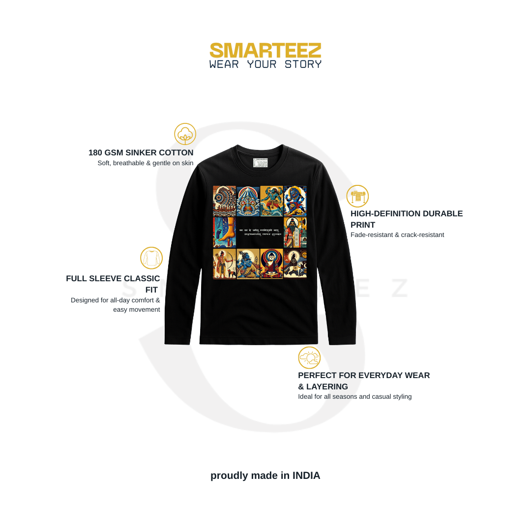 Patachitra T-Shirt - Dashavatar features vibrant artwork of Vishnu's 10 avatars on a black full sleeves cotton tee, ideal for spiritual fashion lovers.