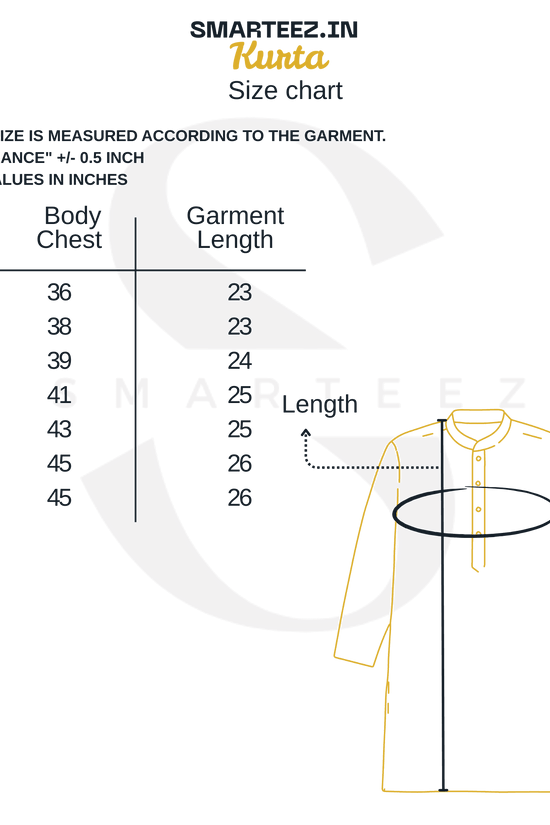 Size chart for SMARTEEZ men's ethnic kurta, detailing body chest and garment length measurements from size S to 4XL.