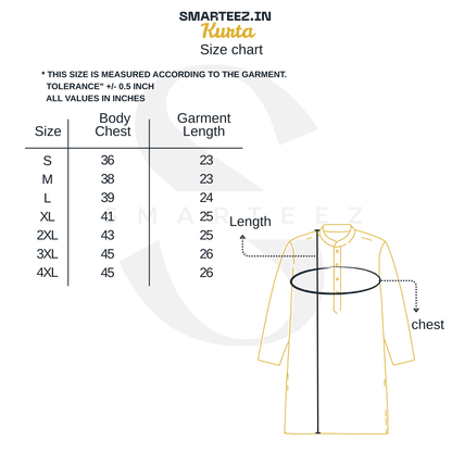 Size chart for SMARTEEZ men's ethnic kurta, detailing body chest and garment length measurements from size S to 4XL.