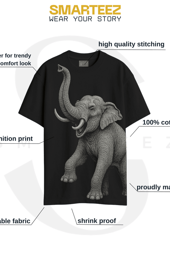 Indian Elephant Graphic T-Shirt unisex with oversized fit, featuring a detailed wildlife illustration on black fabric, made from 100% cotton.