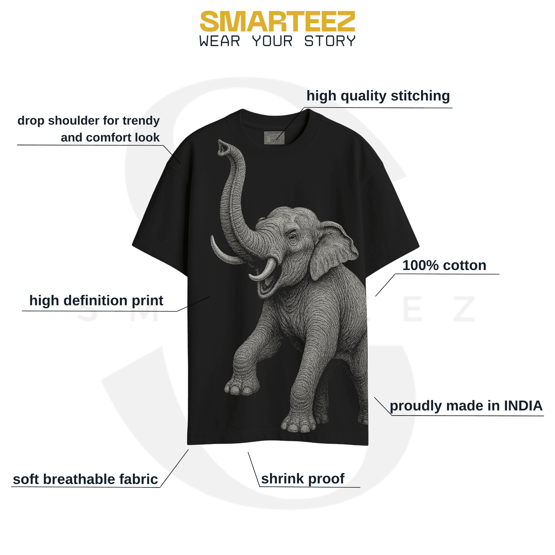 Indian Elephant Graphic T-Shirt unisex with oversized fit, featuring a detailed wildlife illustration on black fabric, made from 100% cotton.