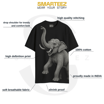 Indian Elephant Graphic T-Shirt unisex with oversized fit, featuring a detailed wildlife illustration on black fabric, made from 100% cotton.