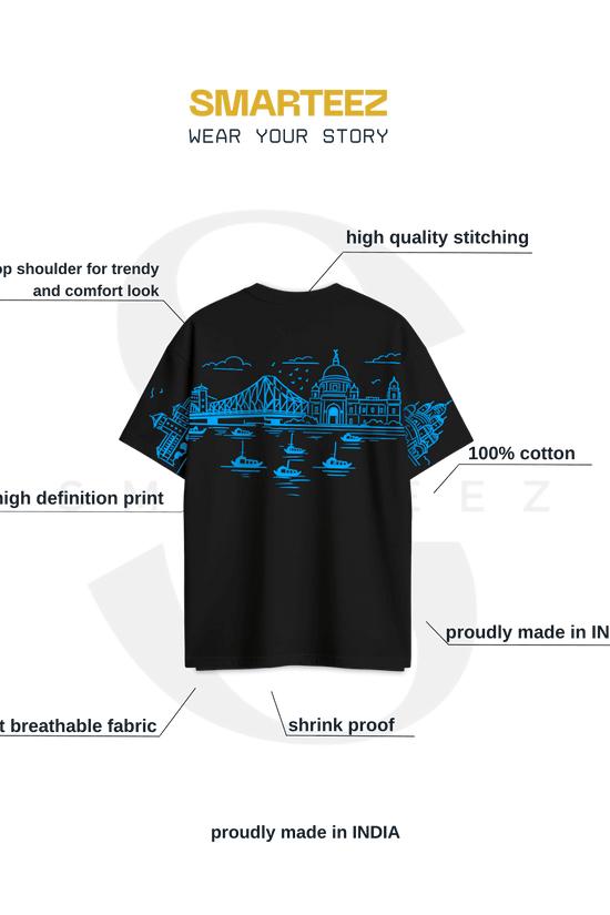 Kolkata Skyline Oversized T-Shirt with Howrah Bridge & Victoria Memorial Design