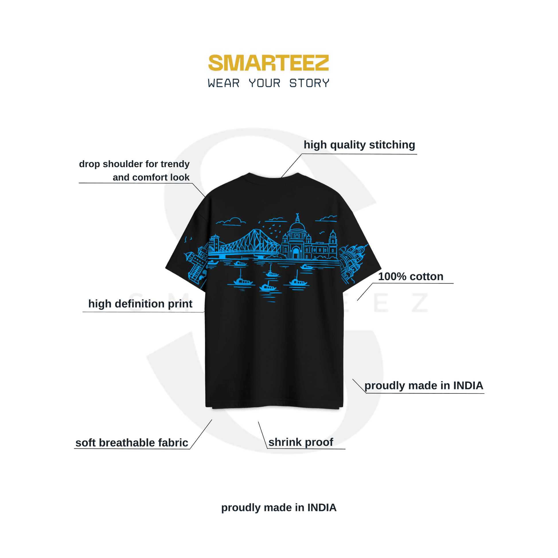 Kolkata Skyline Oversized T-Shirt with Howrah Bridge & Victoria Memorial Design