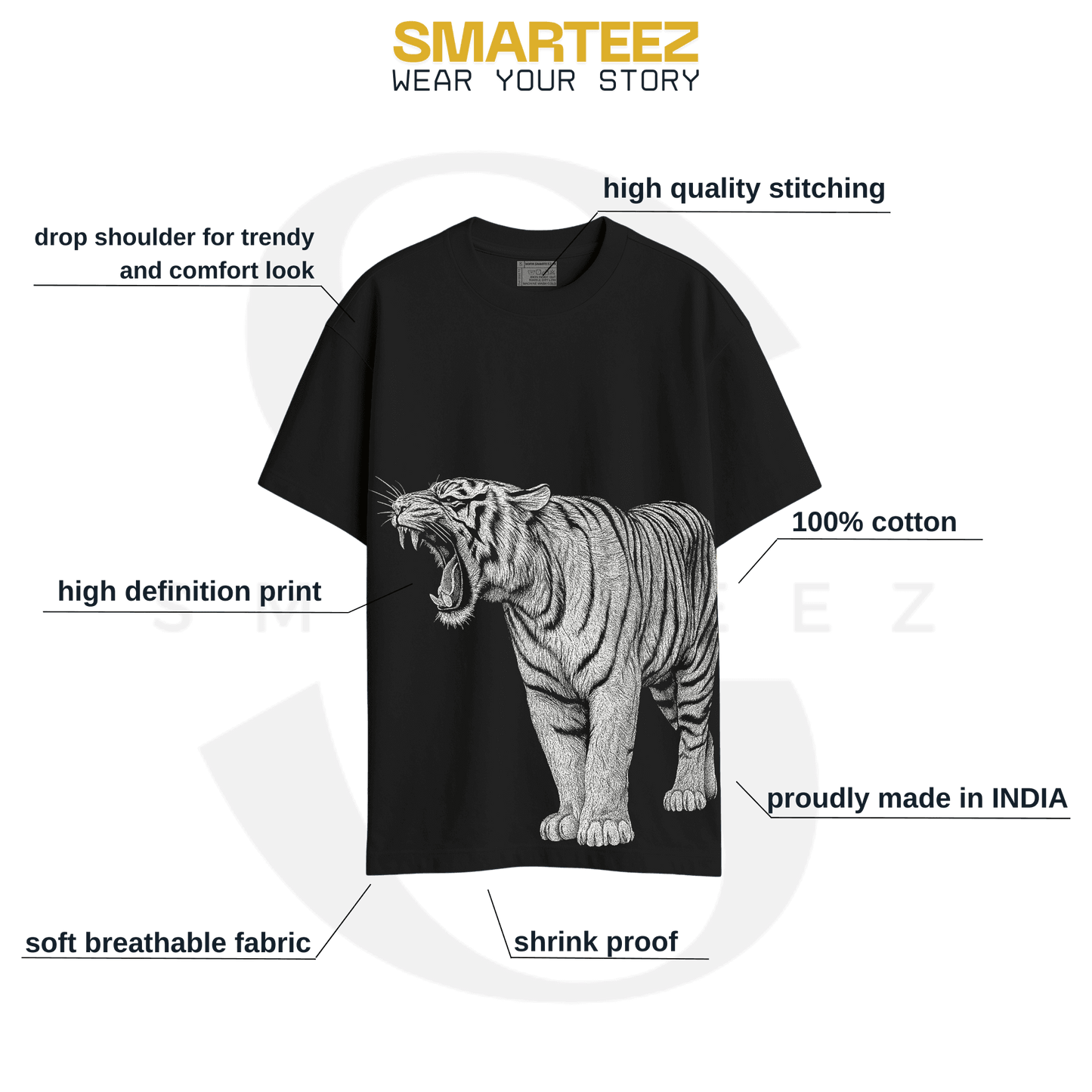 Royal Bengal Tiger Animal T-Shirt with roaring tiger graphic in oversized unisex fit, made from 100% cotton and soft breathable fabric.