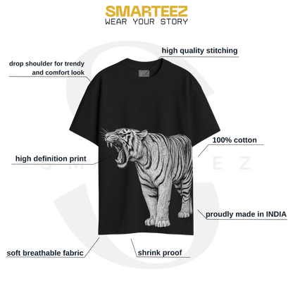 Royal Bengal Tiger Animal T-Shirt with roaring tiger graphic in oversized unisex fit, made from 100% cotton and soft breathable fabric.