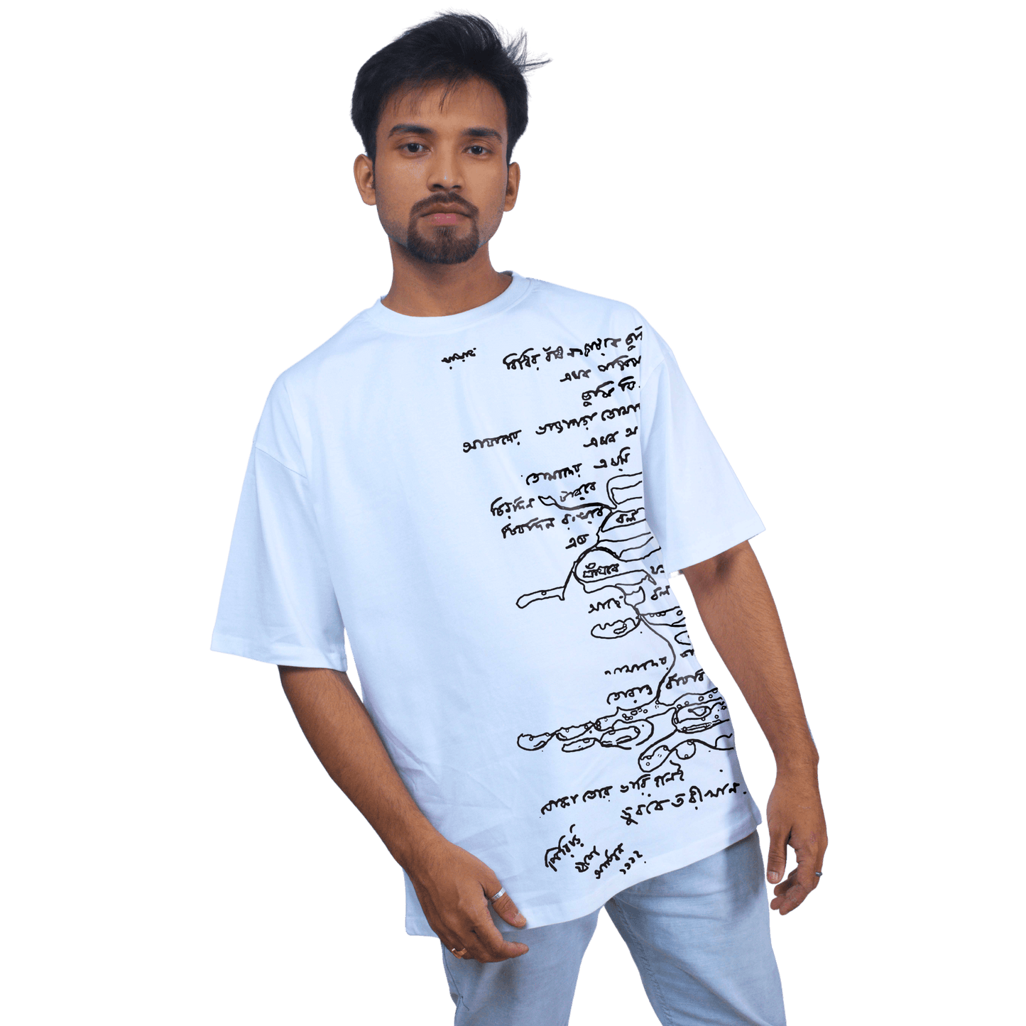 Model in white oversized Rabindra Tagore Scribble Art T-Shirt, featuring Bengali calligraphy for a creative streetwear look.