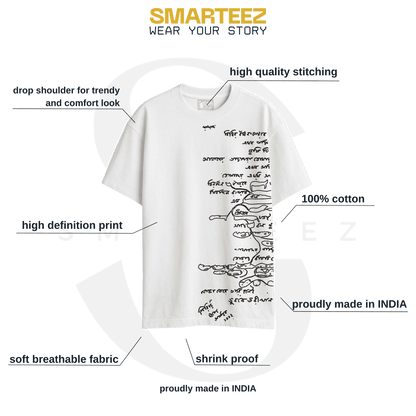 Infographic of white Rabindra Tagore Scribble Art T-Shirt highlighting features like 100% cotton, breathable fabric, and high-quality stitching.