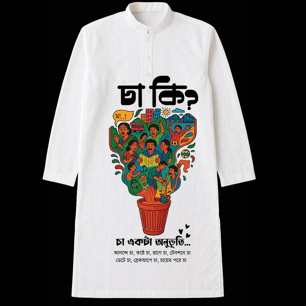 Cha Ki? - Bengali Cha Lover's Panjabi features colorful Kolkata tea culture graphics on a white cotton kurta for men. Traditional wear meets modern art.