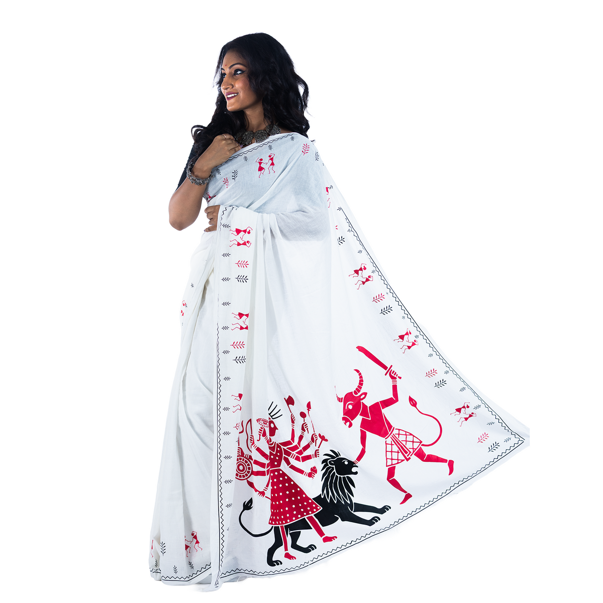 Woman in white cotton saree with Warli-style Mahishasuramardini Durga print, front view