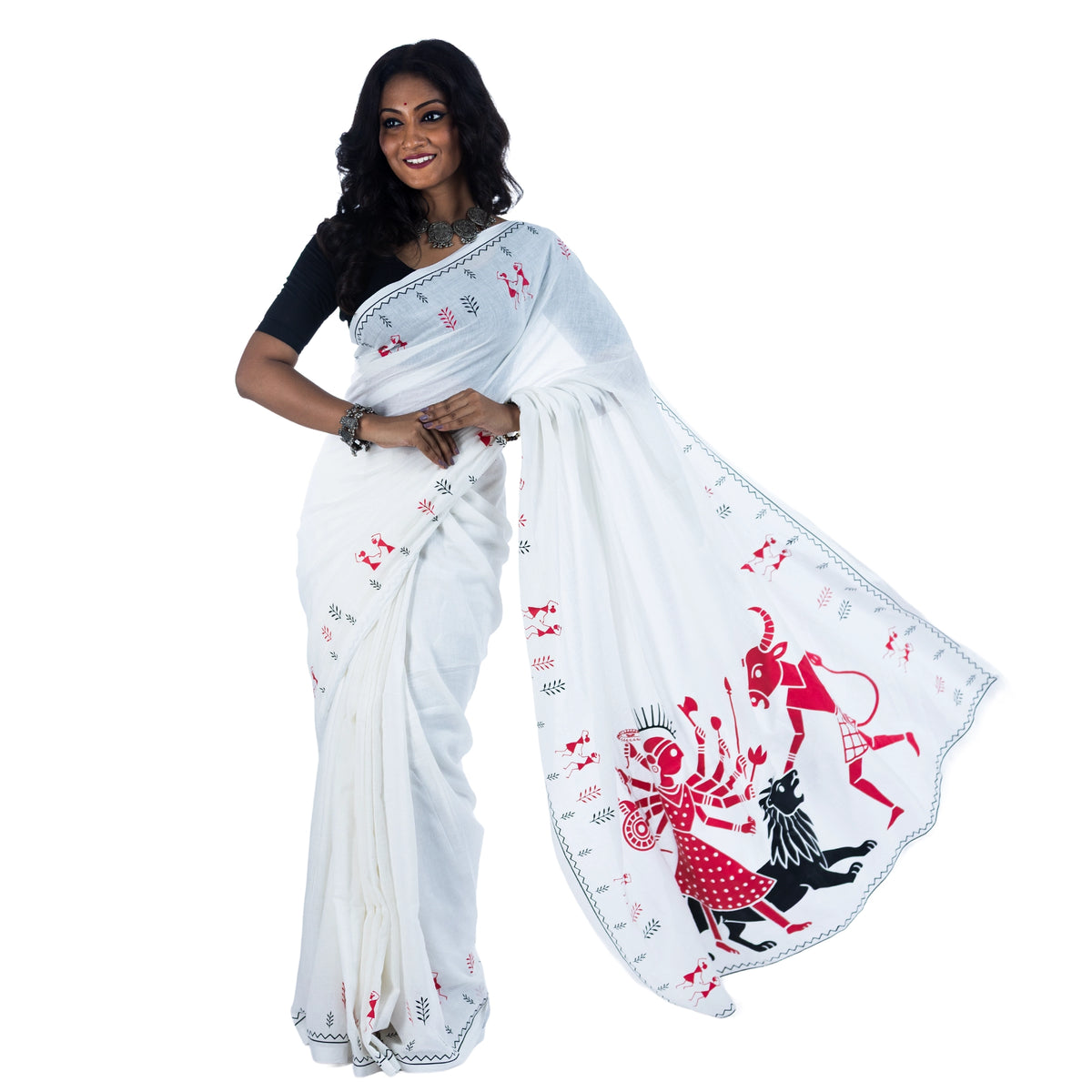 Warli art Durga Puja saree pallu close-up showing Durga, lion and Mahishasura in red and black