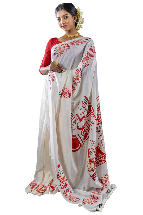 Front view of 16 Ana Bangali Saree in pure khadi cotton with red and blue traditional Bengali motifs, perfect for ethnic fashion.