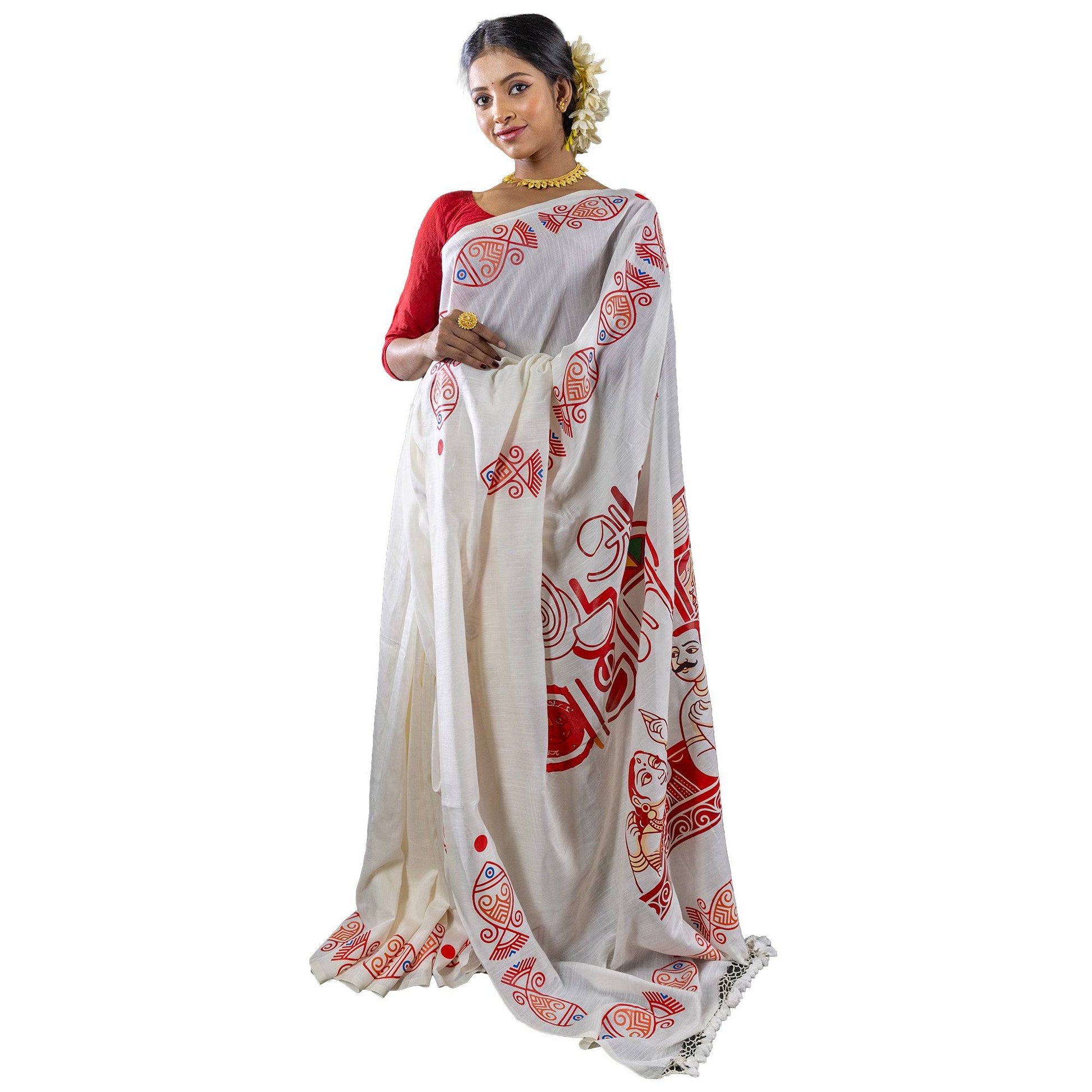 Front view of 16 Ana Bangali Saree in pure khadi cotton with red and blue traditional Bengali motifs, perfect for ethnic fashion.