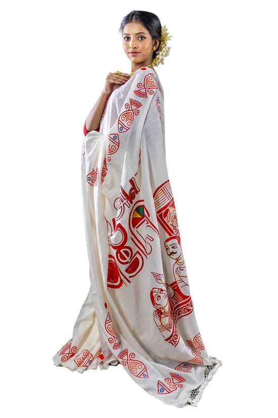 Side view of 16 Ana Bangali Saree with traditional Bengali graphics on pure khadi cotton, perfect for festive and ethnic occasions.