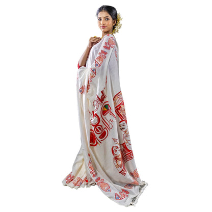 Side view of 16 Ana Bangali Saree with traditional Bengali graphics on pure khadi cotton, perfect for festive and ethnic occasions.