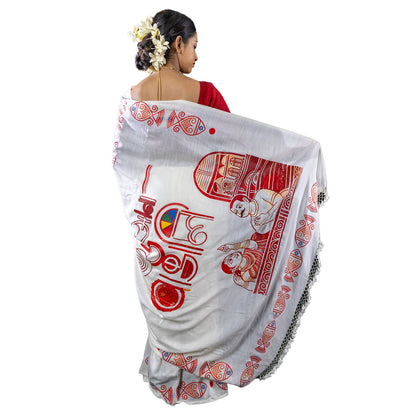 Back view of 16 Ana Bangali Saree showcasing detailed red Bengali prints on white khadi cotton, ideal for Poila Baisakh celebrations.