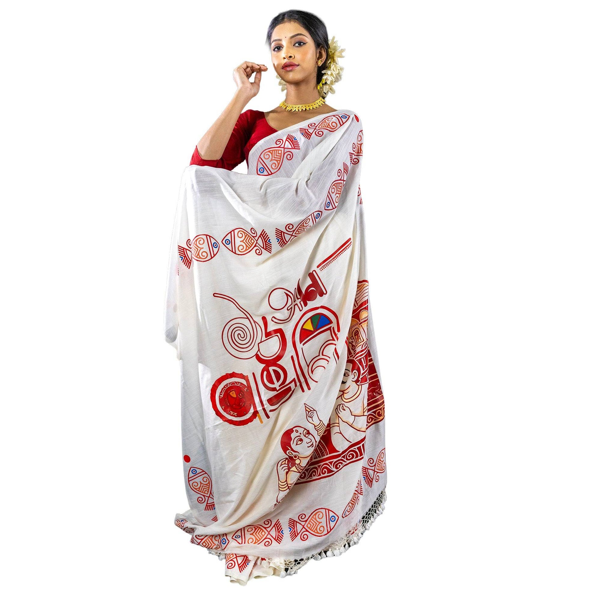 Elegant 16 Ana Bangali Saree with bold Bengali graphic prints on pure khadi cotton, styled for traditional and everyday ethnic wear.