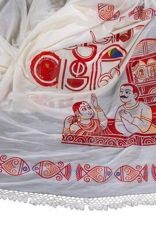 Close-up of Bengali printed artwork on 16 Ana Bangali Saree, showcasing cultural motifs on soft pure khadi cotton fabric.