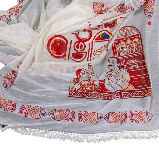 Close-up of Bengali printed artwork on 16 Ana Bangali Saree, showcasing cultural motifs on soft pure khadi cotton fabric.