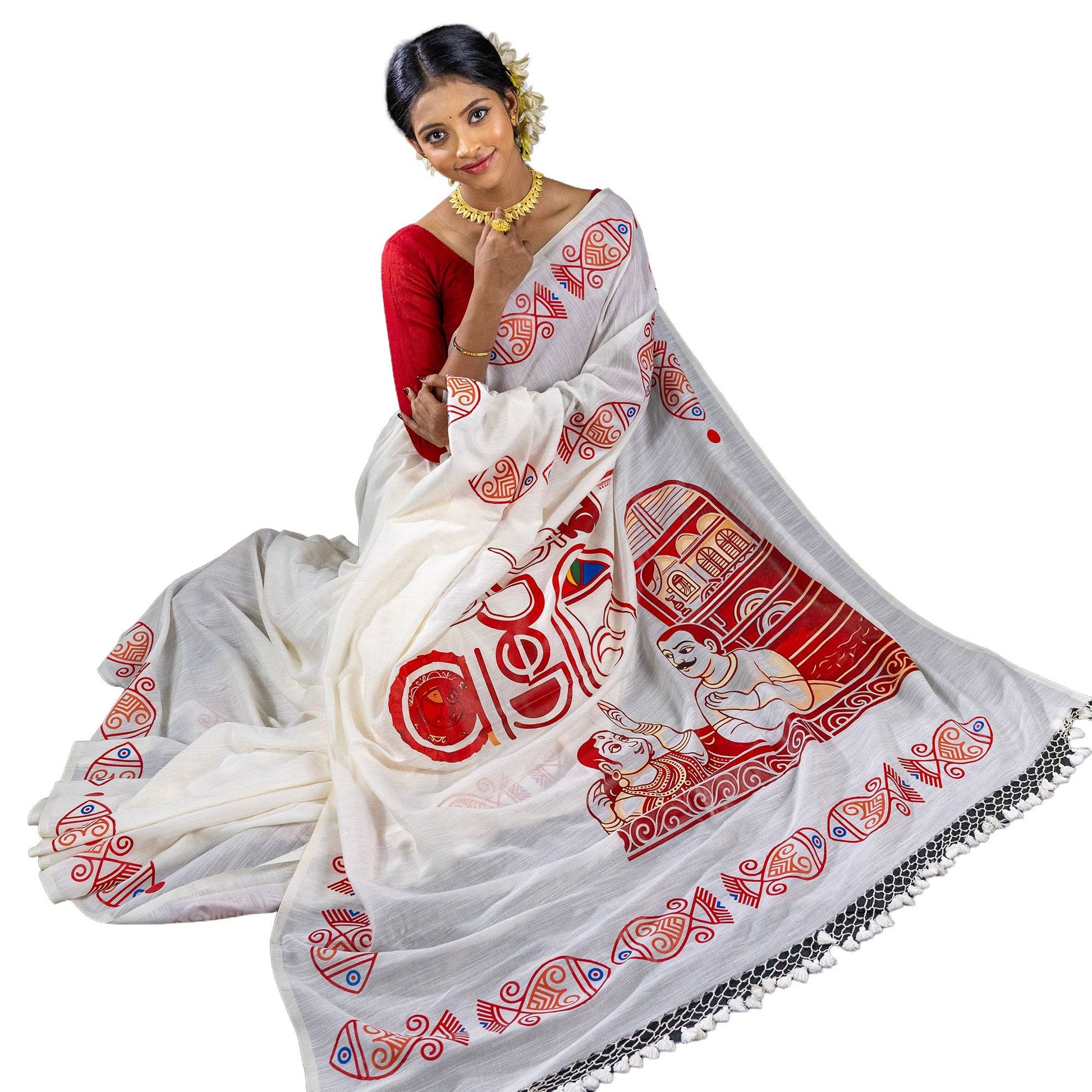 Model draped in 16 Ana Bangali Saree made of pure khadi cotton, highlighting vibrant red Bengali-themed prints and fish motifs.