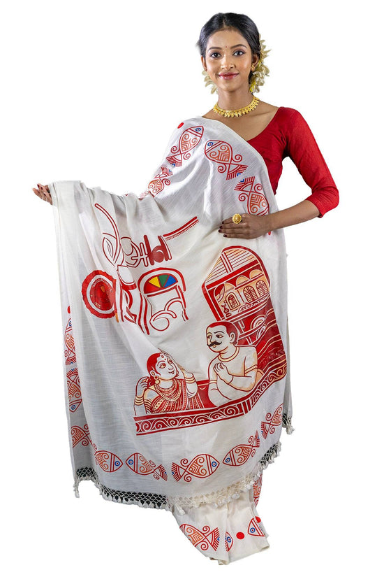 16 Ana Bangali Saree in pure khadi cotton featuring bold red Bengali graphics, ideal for traditional and cultural wear.