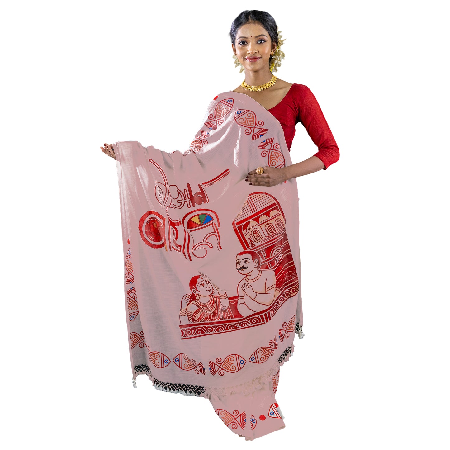 Poila Baisakh Saree - 16 Ana Bangali Printed Khadi Cotton (Red & White)