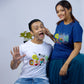 Man and woman wearing 16 Ana Bangali T-shirts in white and navy blue, celebrating Bengali culture. Perfect for Poila Baisakh by Smarteez.