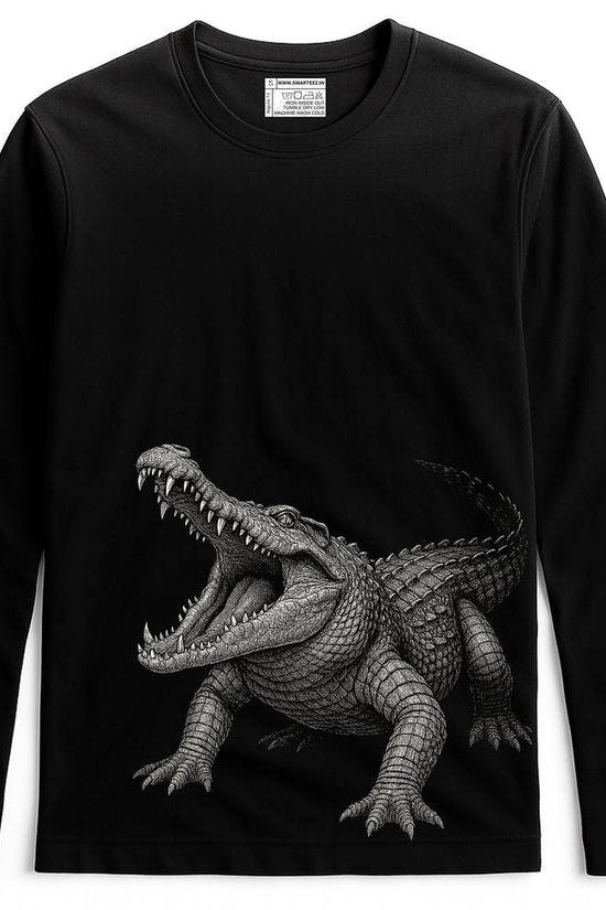 Sundarban Crocodile Tee - Wildlife T-Shirt in black with fierce crocodile graphic on premium cotton, full sleeves for unisex wear.