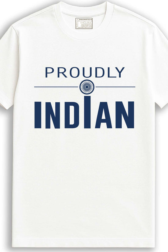 Proudly Indian unisex patriotic graphic T-shirt in white with bold navy text and Ashoka Chakra design, made from 100% cotton for durability.