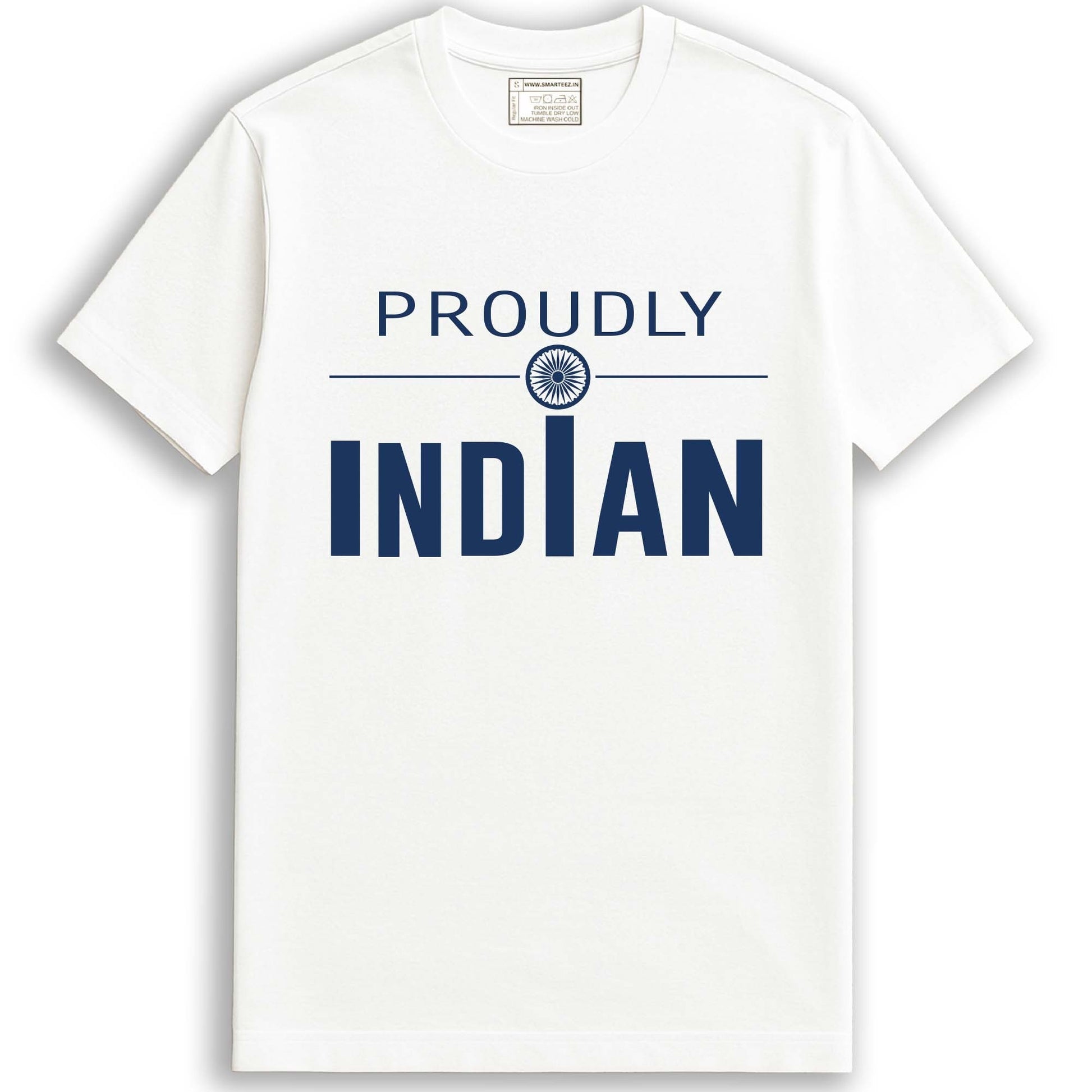Proudly Indian unisex patriotic graphic T-shirt in white with bold navy text and Ashoka Chakra design, made from 100% cotton for durability.