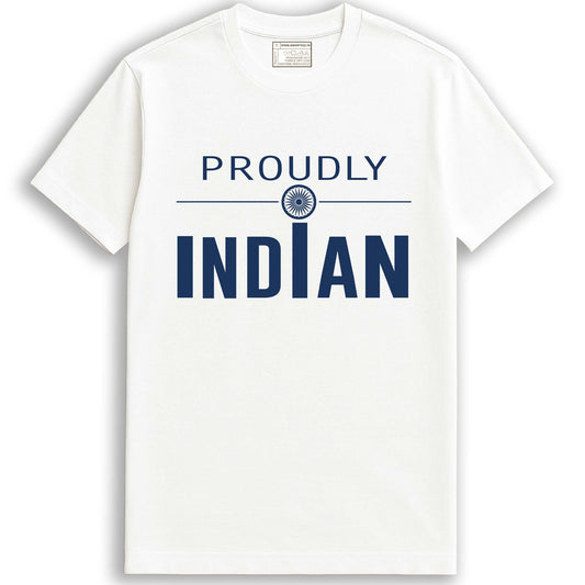 Proudly Indian unisex patriotic graphic T-shirt in white with bold navy text and Ashoka Chakra design, made from 100% cotton for durability.