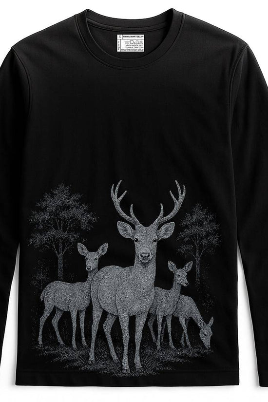 Deer T Shirt - Wildlife of Bengal in black with full sleeves, featuring a detailed graphic of a stag and deer in a forest, unisex cotton fit.
