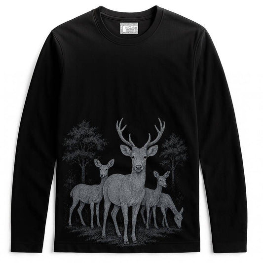 Deer T Shirt - Wildlife of Bengal in black with full sleeves, featuring a detailed graphic of a stag and deer in a forest, unisex cotton fit.