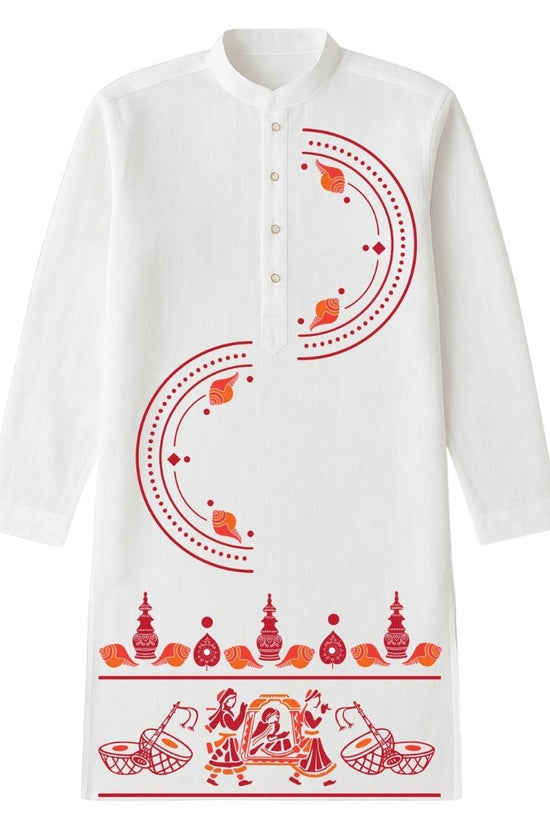 Bodhu Boron wedding kurta in premium cotton featuring red Palki, Shankh, and Kalash motifs on white fabric. Ideal for traditional Bengali weddings.